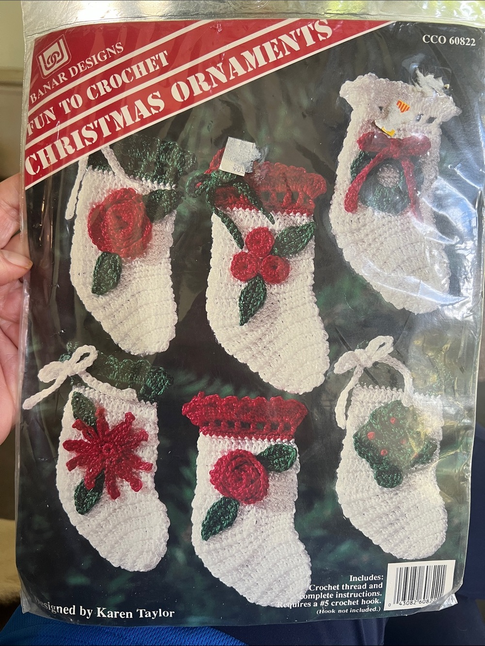 Vintage Christmas Crochet White & Red Crochet Stocking Ornaments. BANAR DESIGNS